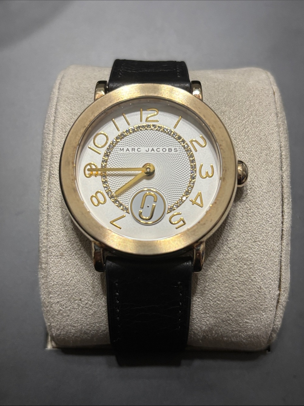 Marc Jacobs Gold-Tone Case White Dial Watch with Black Leather Strap